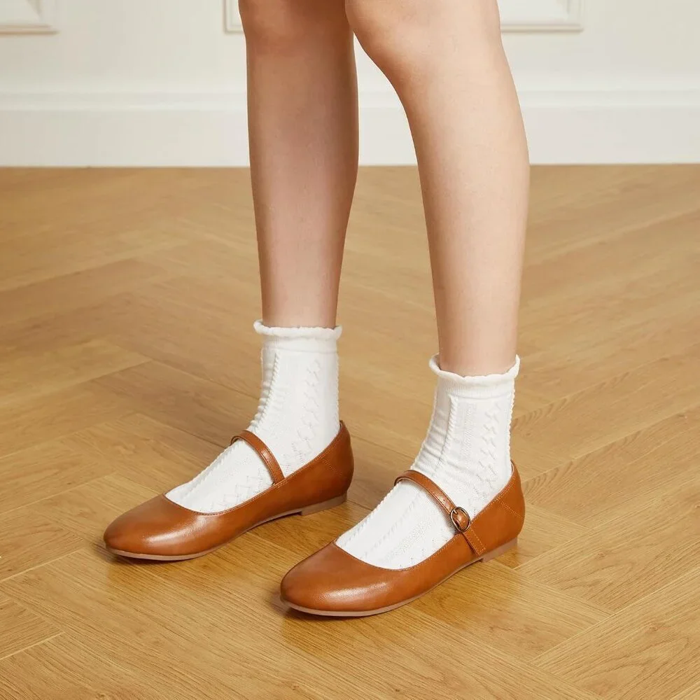Trary Women Brown Leather Round Toe Mary Jane Ankle Strap Ballet Flats Shoes - Picture 2 of 6
